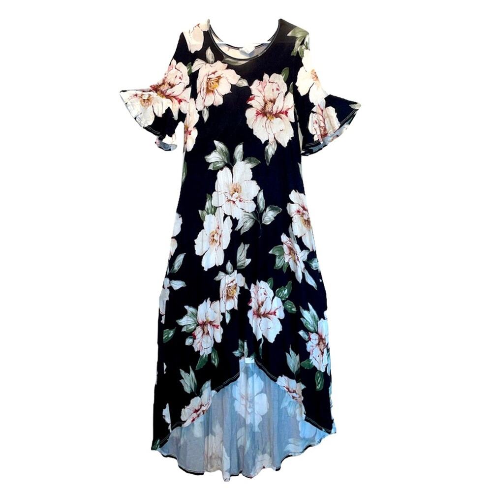 7th Ray Black with Flower Detail High Low Dress Small